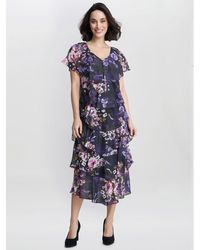 Gina Bacconi - Leticia Floral Print Midi Tiered Dress - Lyst