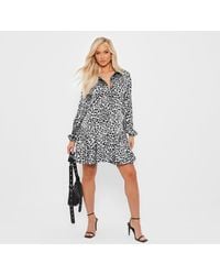 I Saw It First - Isawitfirst Printed Frill Hem Satin Shirt Dress - Lyst