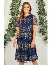Yumi' - Navy Embroidered Floral Skater Dress - Lyst