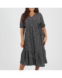 Brave Soul - Bs Plus Size Wrap Front Midi Dress With Puff Sleeves - Lyst