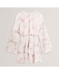 Ted Baker - Rose Print Frilled Long Sleeve Mini Dress - Lyst