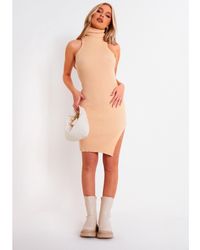Missy Empire - Ribbed Knit Roll Neck Dress With Split - Lyst
