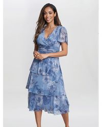 Gina Bacconi - Cherie Midi Printed Metallic Tier Dress - Lyst