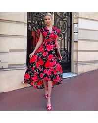 AX Paris - Floral Print Short Sleeve Belted Wrap Midi Dress - Lyst