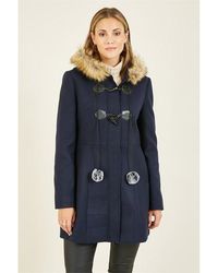 Yumi' - Navy Duffle Coat With Fur Trim Hood - Lyst