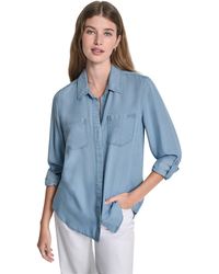 DKNY - Jeans Split Back Button Front Tencel Shirt W/ Roll Tab Sleeve - Lyst