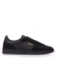 BOSS - Foil Print Branding Leather-Suede Trainers - Lyst