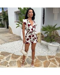 AX Paris - Rose Printed Flutter Sleeve Tie Waist Playsuit - Lyst