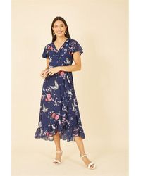 Yumi' - Navy Satin Crane Print Wrap Dress - Lyst