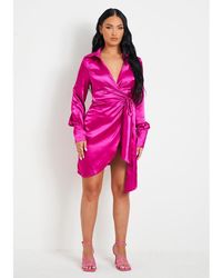 Missy Empire - Satin Tie Waist Wrap Plunge Mini Dress - Lyst