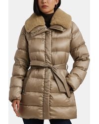 Ralph Lauren - Faux Shearling Trim Belted Wind Resistant Duck Down Short Puffer Jacket - Lyst