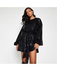 I Saw It First - Sequin Balloon Sleeve Tie Wasit Skater Dress - Lyst