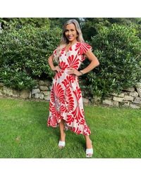 AX Paris - Abstract Print Wrap Over High Low Frill Hem Midi Dress - Lyst