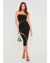 Missy Empire - Double Layer Slinky Bandeau Dress With Cut Out Button Detail - Lyst
