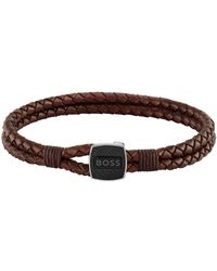 BOSS - Braided Leather Seal Bracelet - Lyst
