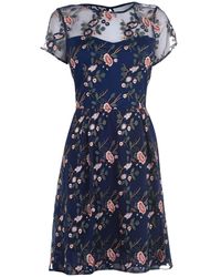Adrianna Papell Floral Embroidered Flared Dress - Blue