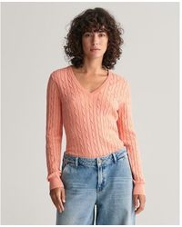 GANT - Stretch Cotton Cable V-neck Peachy - Lyst