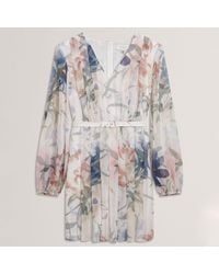 Ted Baker - Floral Pleated Long Sleeve Mini Dress - Lyst