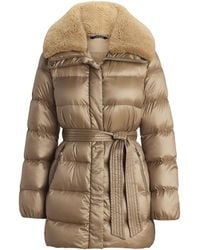 Ralph Lauren - Faux Shearling Trim Belted Wind Resistant Duck Down Short Puffer Jacket - Lyst