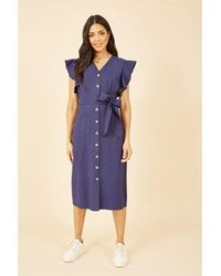 Yumi' - Navy Linen Blend Midi Shirt Dress - Lyst