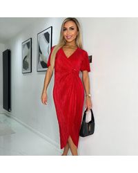 AX Paris - Short Sleeve Plisse Wrap Midi Dress - Lyst