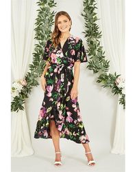 Yumi' - Floral Wrap Midi Dress With Frills - Lyst