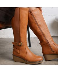 Where's That From - Wheres Knee High Wedge Boots With Strap And Buckle - Lyst
