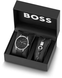 BOSS - Set aus Uhr mit schwarzem Zifferblatt und Kordelarmband in der Geschenkbox - Lyst