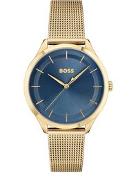 BOSS by HUGO BOSS Goldfarbene Uhr mit Mesh-Armband und blauem Zifferblatt - Mehrfarbig
