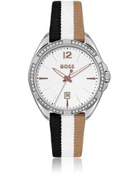 BOSS by HUGO BOSS Uhr mit weißem Zifferblatt, gestreiftem Armband und Kristall-Details