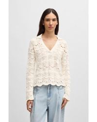 BOSS - Johnny-Collar Sweater With Cotton-Blend Open-Knit Structure - Lyst