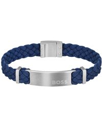 BOSS - Blue-suede Braided Cuff With Logo Plate - Lyst