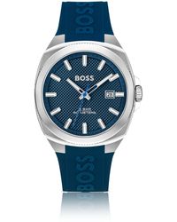 BOSS - Montre à cadran guilloché bleu et bracelet logoté en silicone - Lyst
