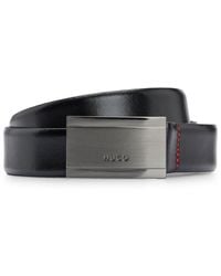 HUGO - Leather Belt With Branded Gunmetal Plaque Buckle - Lyst