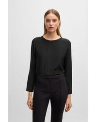 BOSS - Long-sleeved Blouse In Washed Silk With Pleated Front - Lyst