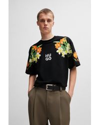 HUGO - Cotton-jersey T-shirt With Floral Print And Stacked Logo - Lyst
