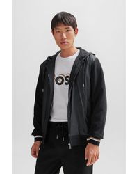 BOSS - Mixed-material Zip-up Hoodie With Signature-stripe Trims - Lyst