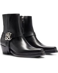 HUGO - Ankle Boots In Leather With Metallic Stacked-logo Trim - Lyst