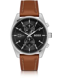 BOSS - Montre chronographe à cadran noir et bracelet en cuir marron - Lyst