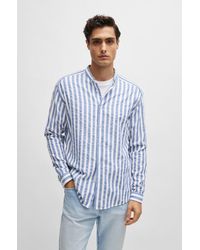BOSS - Collarless Relaxed-fit Shirt In Striped Cotton-blend Bouclé - Lyst