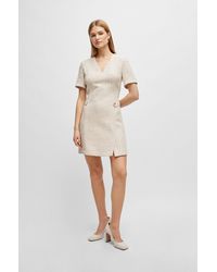 BOSS - V-neck Dress In Melange Tweed With Hardware-button Trims - Lyst