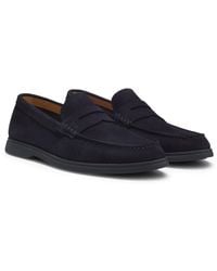 BOSS - Suede Loafers With Logo Penny Trim - Lyst