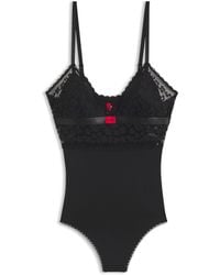 HUGO - Bodysuit Van Kant En Mesh Met Rood Logolabel - Lyst