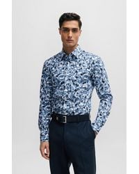 BOSS - Slim-fit Shirt In Floral-print Stretch Cotton - Lyst