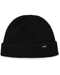 HUGO Rib-knit Beanie Hat With Logo Label - Black