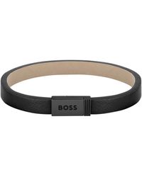 BOSS - Leather Cuff With Logo-and-stripe Closure: Medium - Lyst