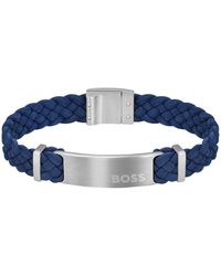 BOSS - Bracelet tressé en cuir suédé bleu avec plaquette logo - Lyst