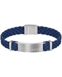 BOSS - Gevlochten Armband Van Blauwe Suède Met Logoplaatje - Lyst