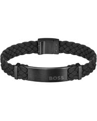 BOSS - Black-suede Braided Cuff With Logo Plate - Lyst