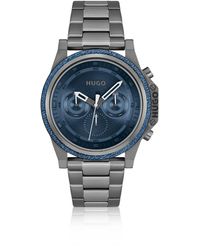 HUGO - Uhr mit Gliederarmband, blauem Zifferblatt und Denim-Lünette - Lyst
